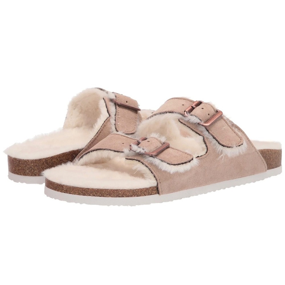 Madden Girl Butterfly Slide Sandals Womens 9.5‎ Tan Faux Birks Fur Comfy Buckle